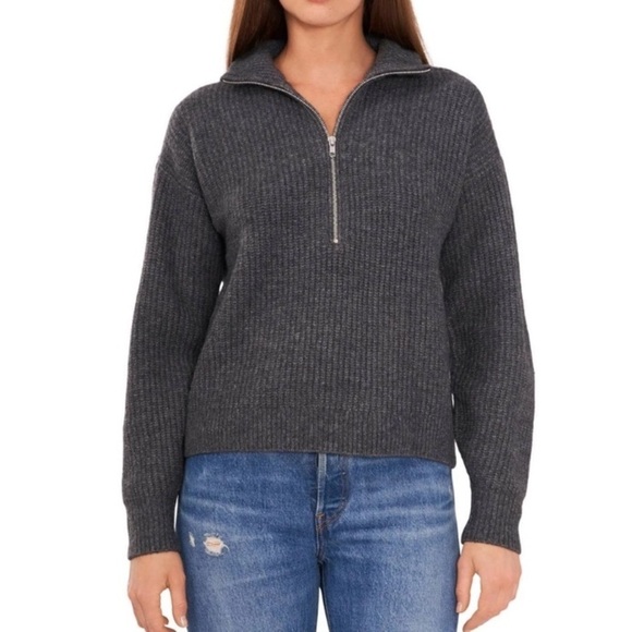 Vince Camuto Heather Charcoal Grey Half Zip Up Sweater Chunky Knit Boxy Casual - Picture 1 of 16